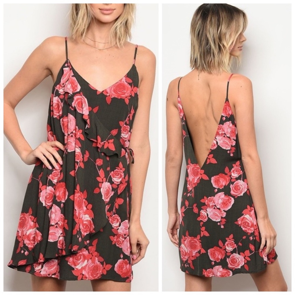 Black floral low back wrap dress